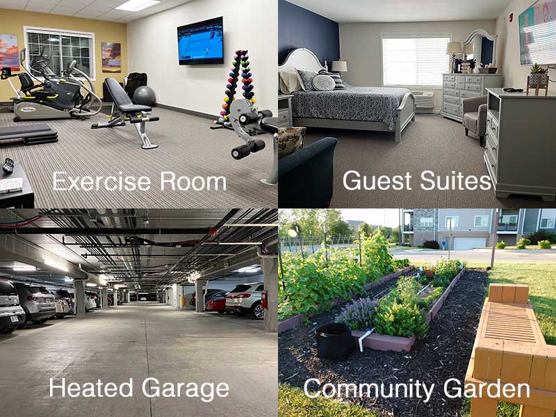 four pictures of weight room, guestsuite,garage and garden